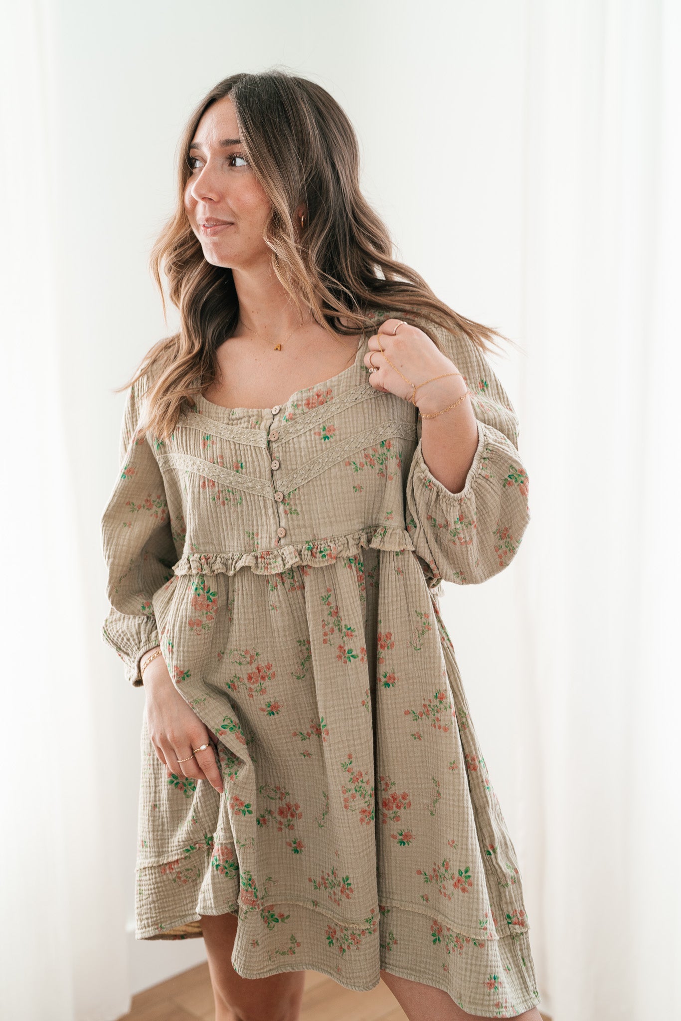 Country Side Floral Gauze Dress - Faded Sage