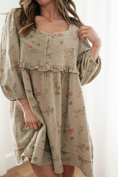 Country Side Floral Gauze Dress - Faded Sage