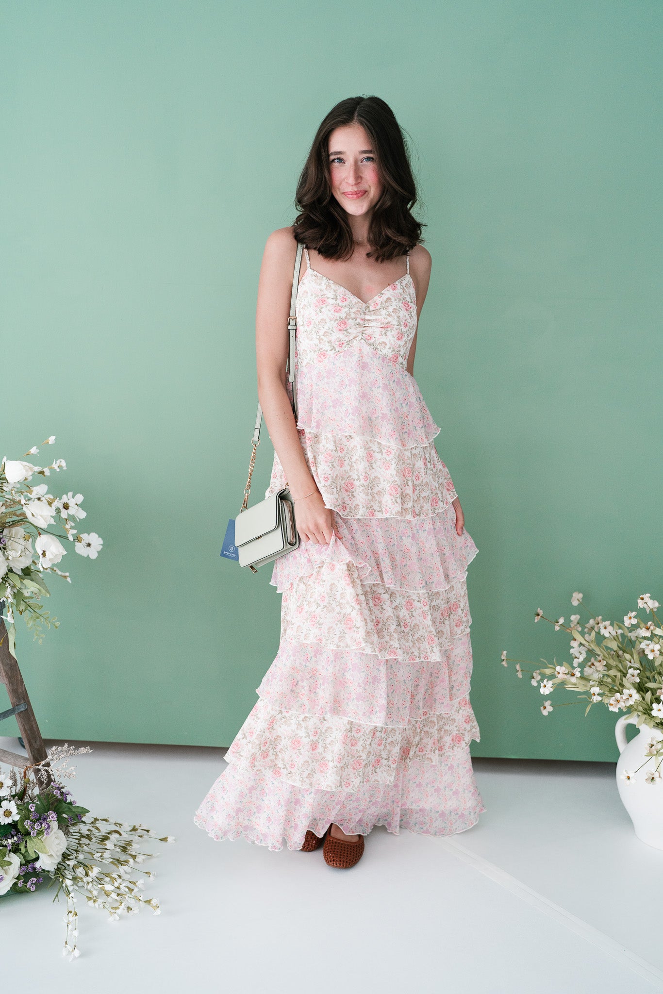 pink lace maxi dress Lily Colette Pink Print Jocelyn is 59 and is wearing a size 00 HAZELLE V NECK PUFF SLEEVE