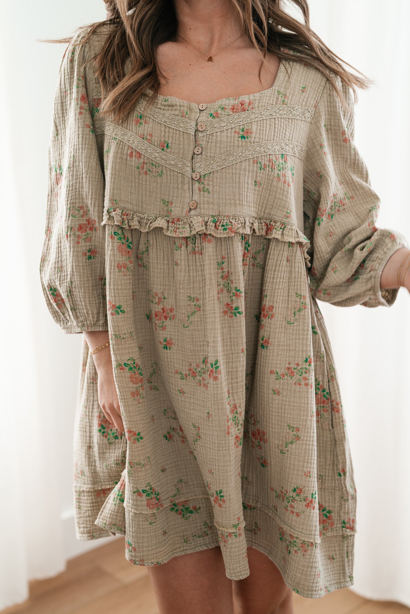 Country Side Floral Gauze Dress - Faded Sage