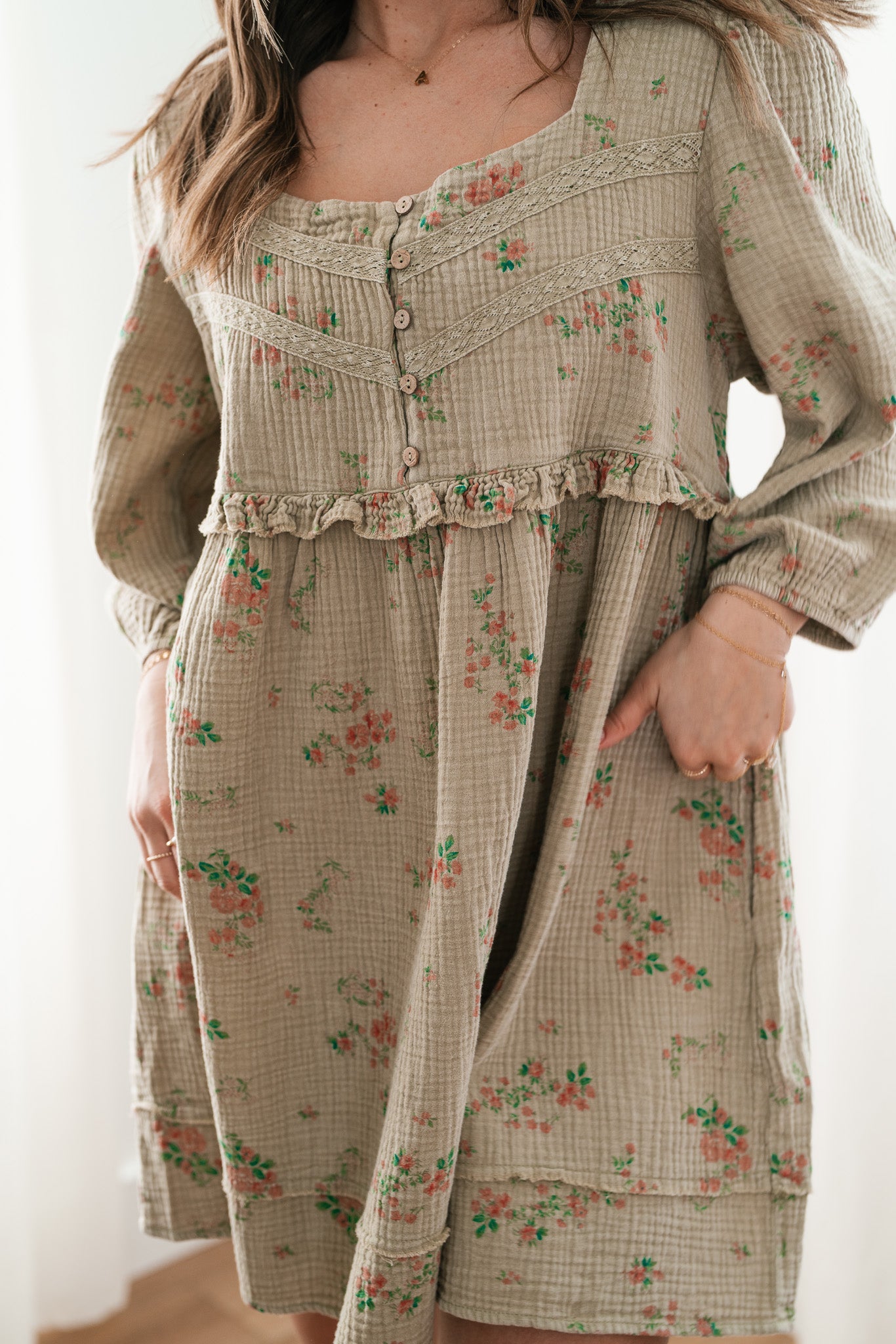 Country Side Floral Gauze Dress - Faded Sage