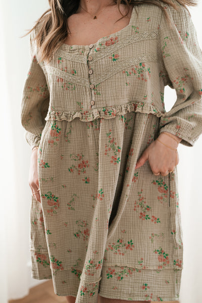 Country Side Floral Gauze Dress - Faded Sage