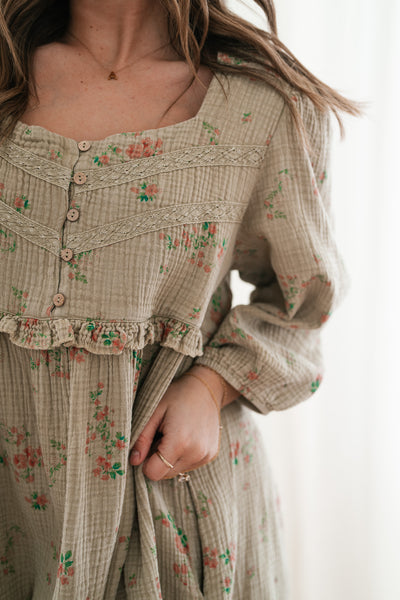 Country Side Floral Gauze Dress - Faded Sage