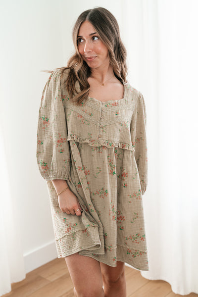 Country Side Floral Gauze Dress - Faded Sage