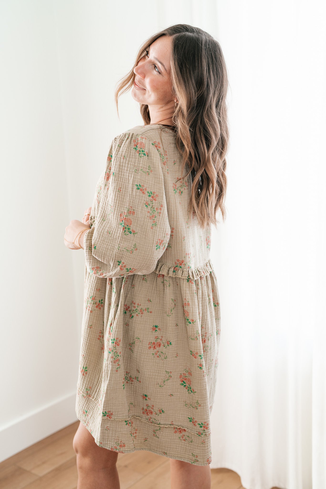 Country Side Floral Gauze Dress - Faded Sage