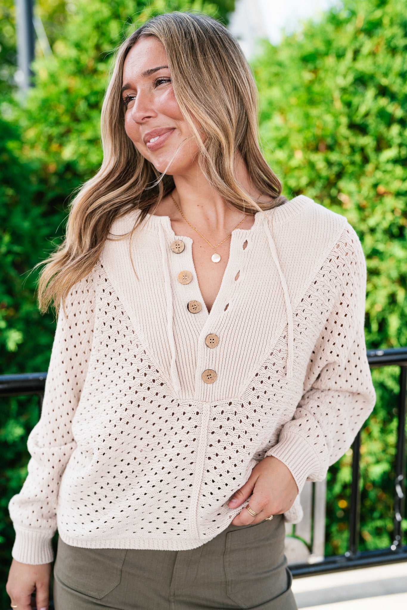 Cottage Henley Button Front Knit Sweater