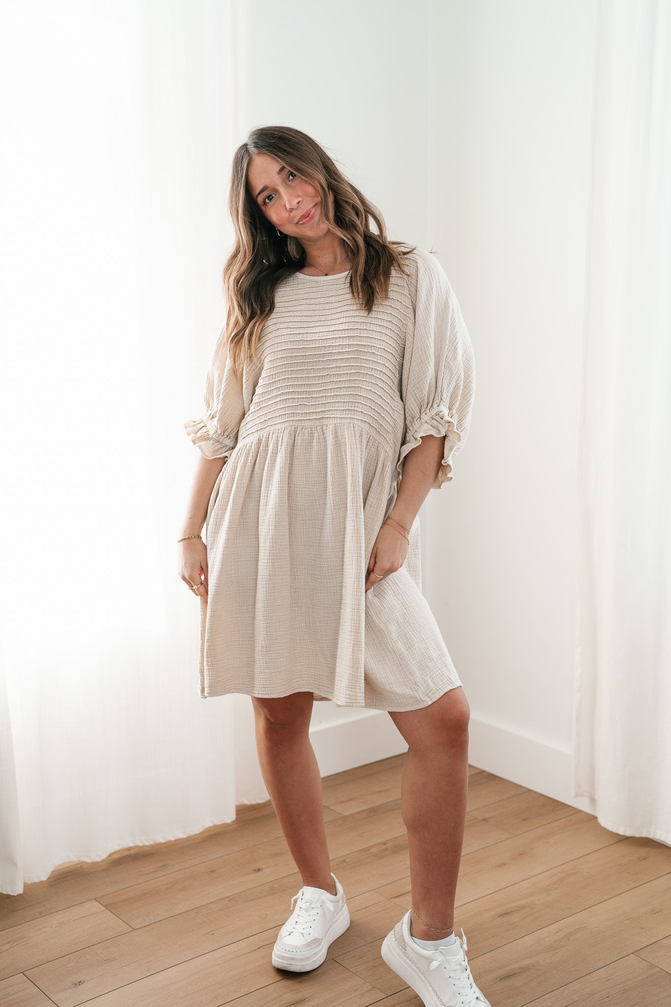 Stay Awhile Textured Mini Dress - Natural