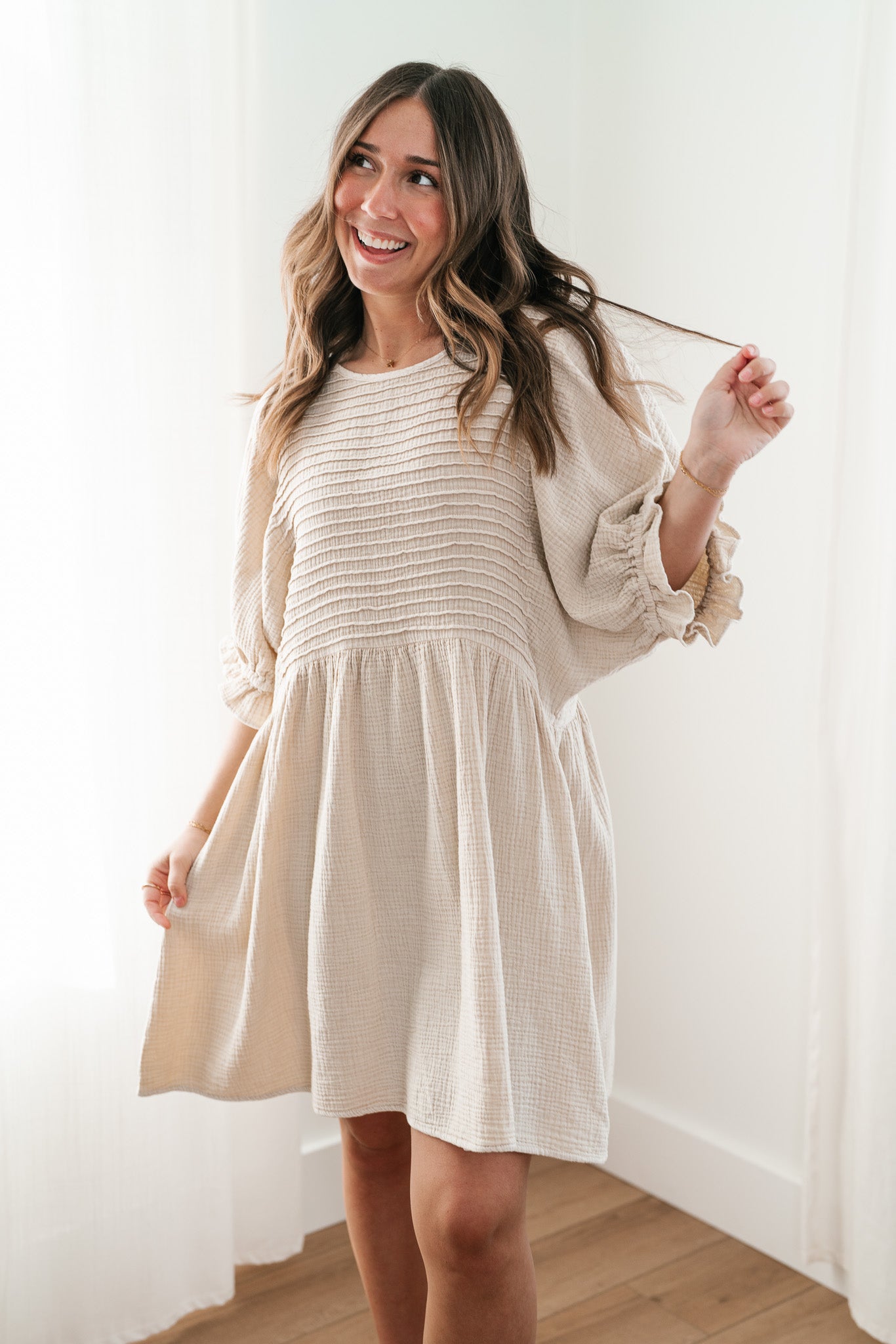 Stay Awhile Textured Mini Dress - Natural