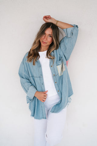 Washed Away Denim Patchwork Button Up