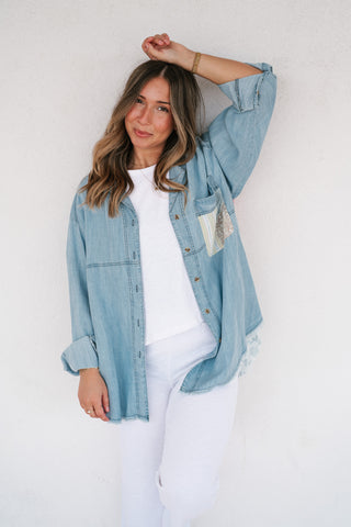 Washed Away Denim Patchwork Button Up