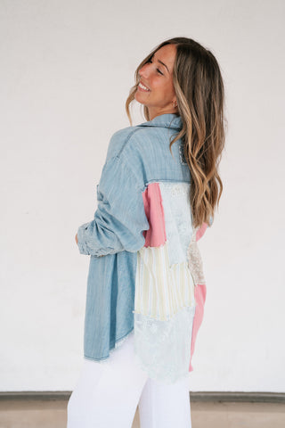 Washed Away Denim Patchwork Button Up