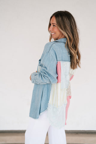 Washed Away Denim Patchwork Button Up