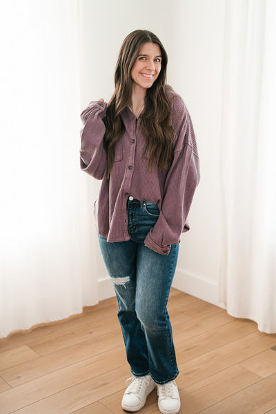 With Love Waffle Knit Button Up - Dark Plum