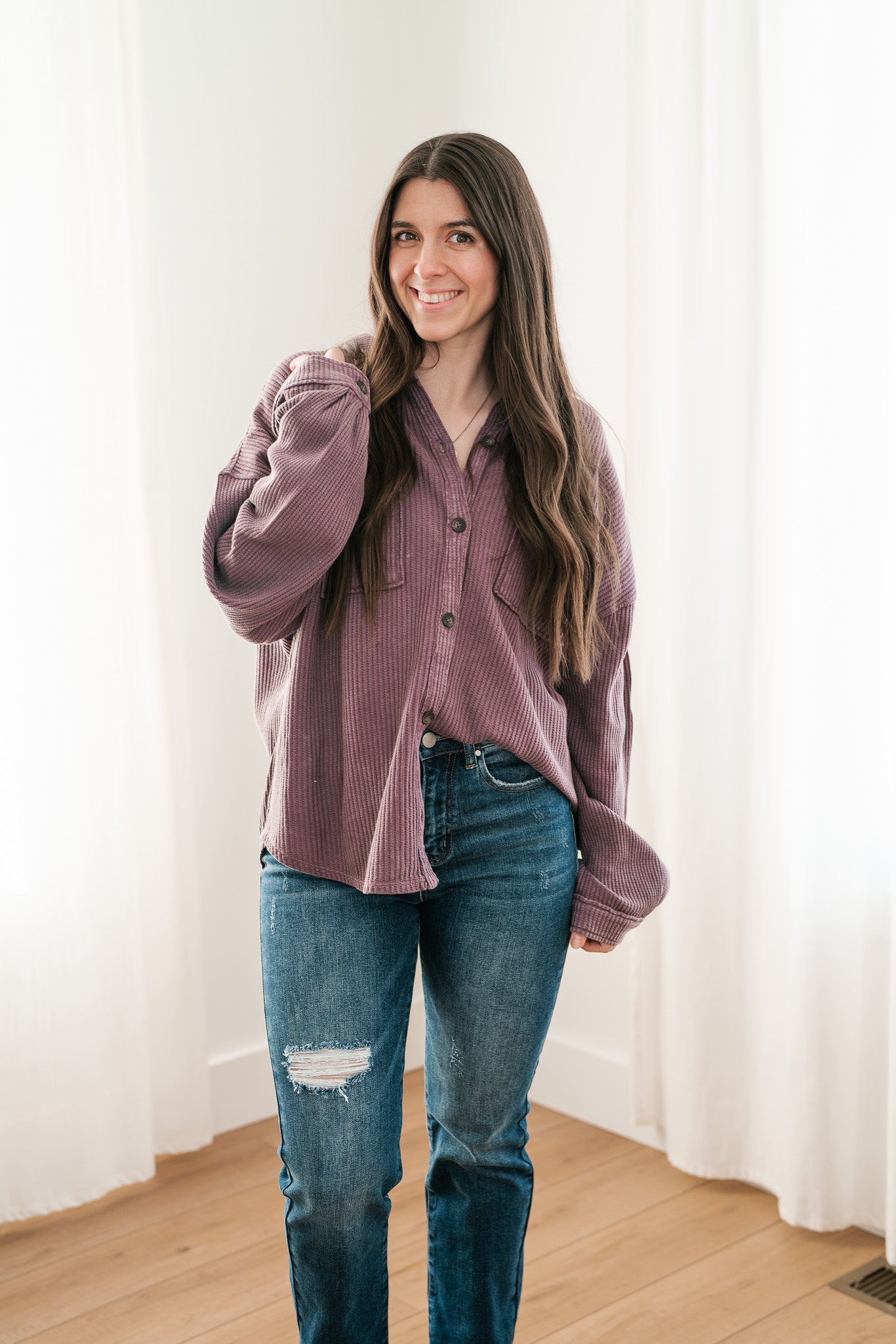 With Love Waffle Knit Button Up - Dark Plum