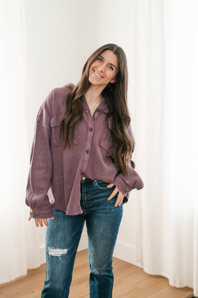 With Love Waffle Knit Button Up - Dark Plum