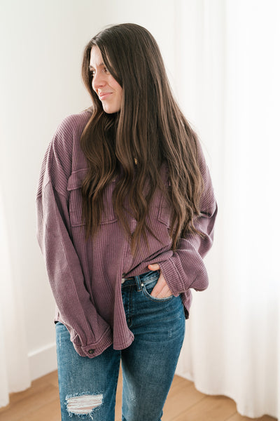 With Love Waffle Knit Button Up - Dark Plum