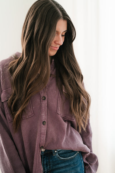 With Love Waffle Knit Button Up - Dark Plum