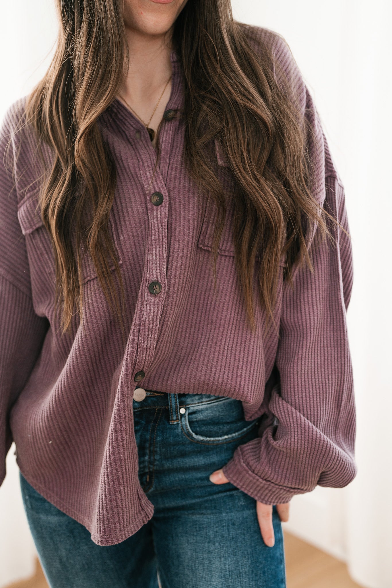 With Love Waffle Knit Button Up - Dark Plum