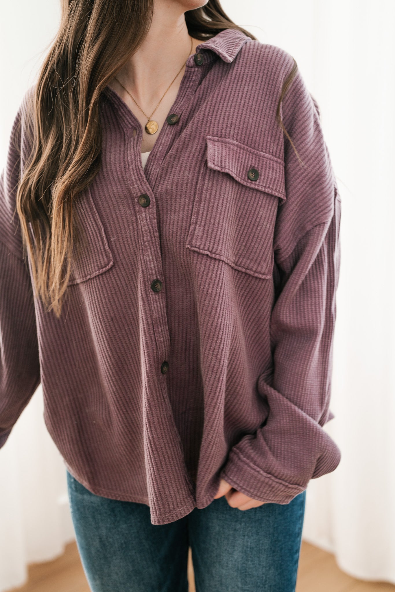 With Love Waffle Knit Button Up - Dark Plum