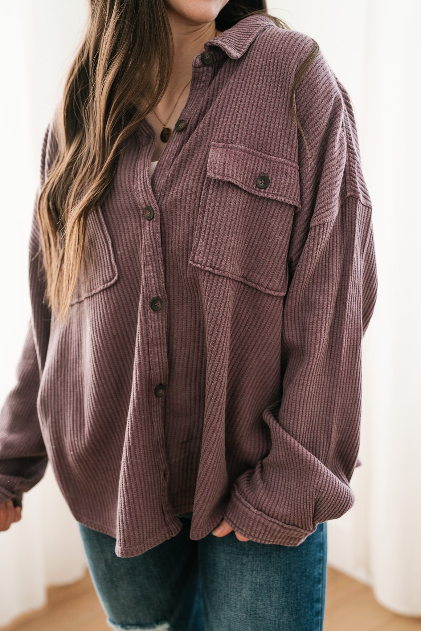 With Love Waffle Knit Button Up - Dark Plum