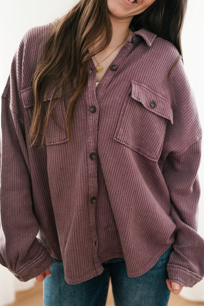 With Love Waffle Knit Button Up - Dark Plum