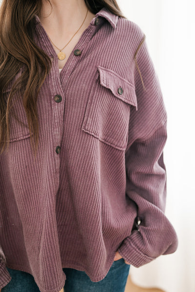 With Love Waffle Knit Button Up - Dark Plum