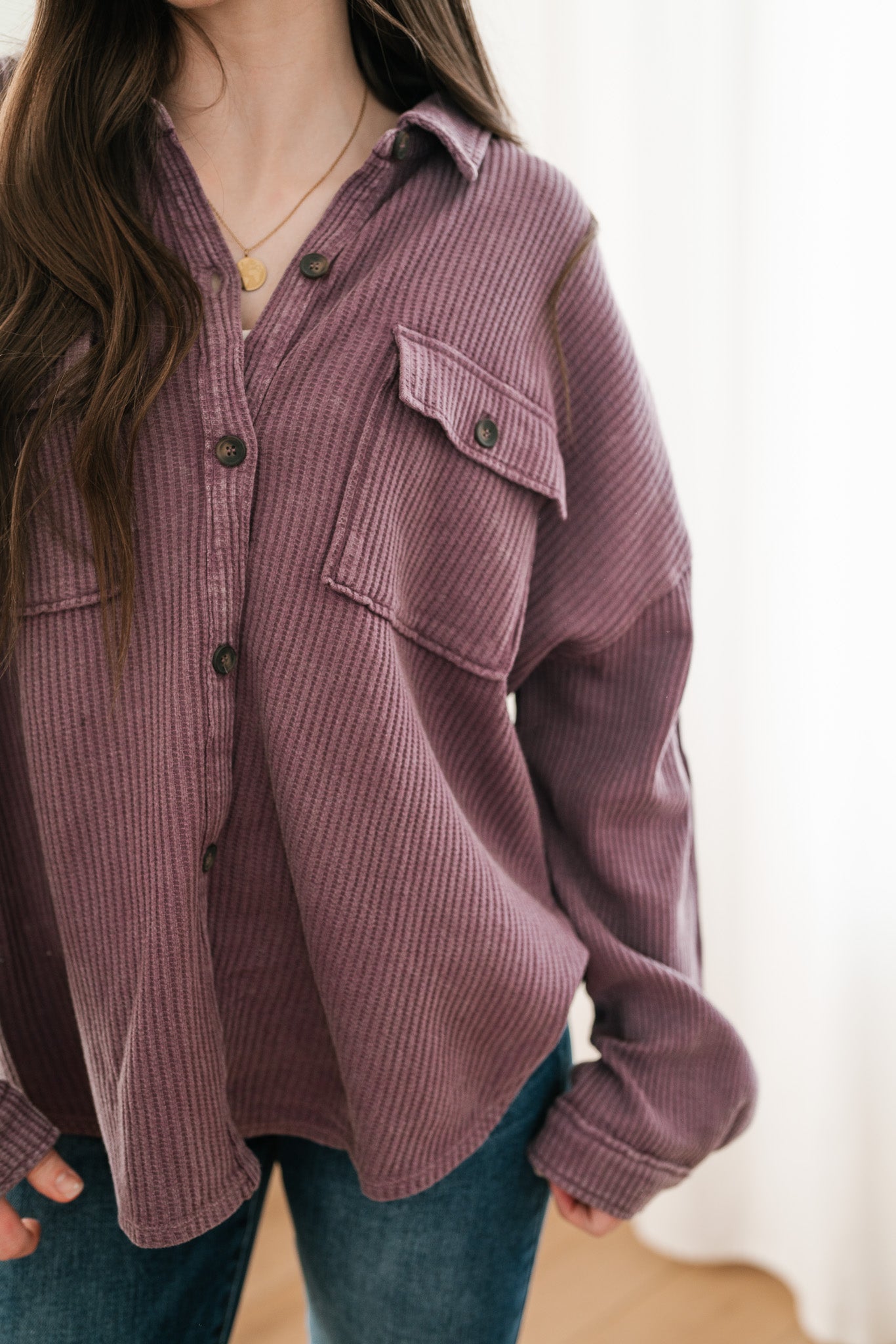 With Love Waffle Knit Button Up - Dark Plum