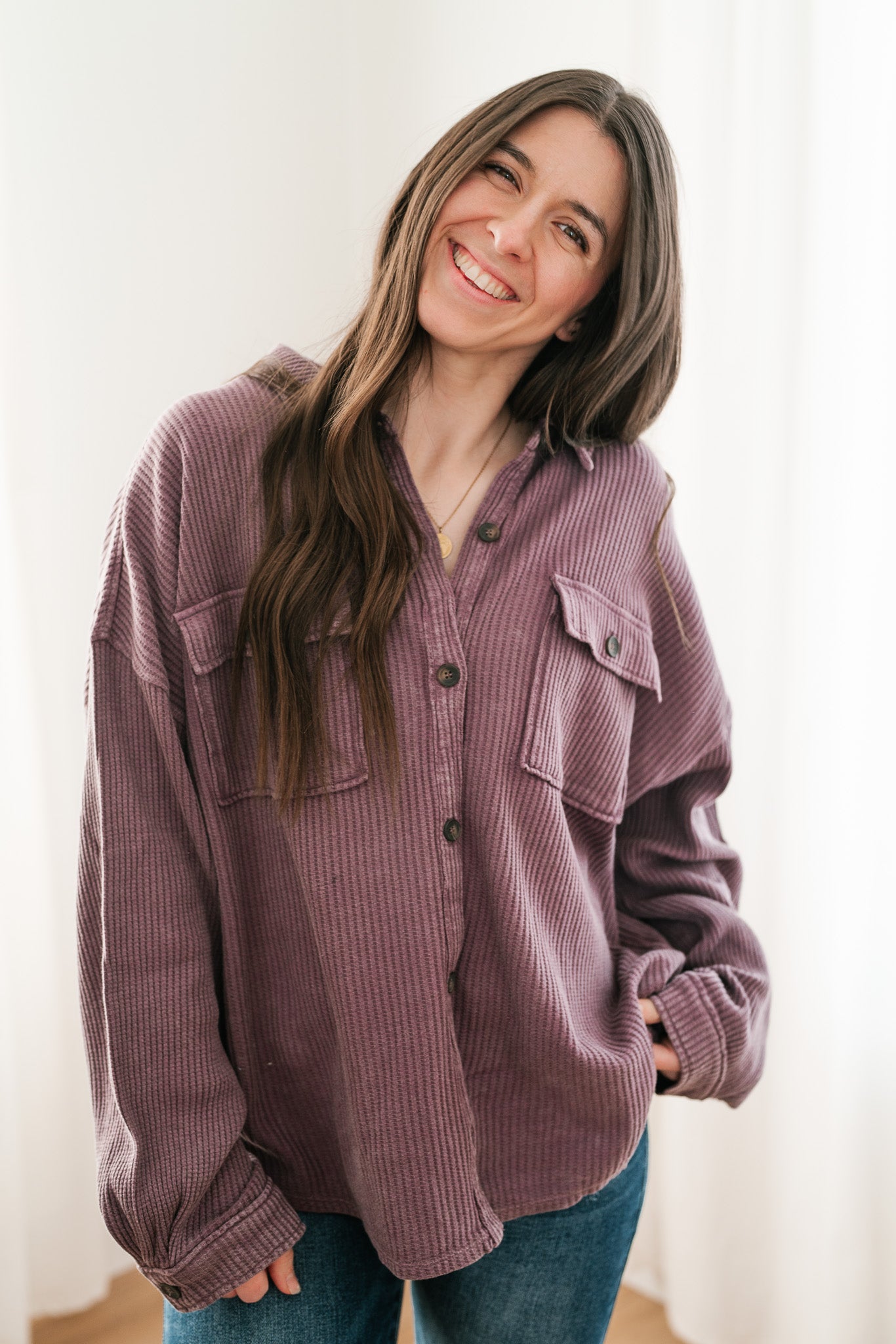 With Love Waffle Knit Button Up - Dark Plum