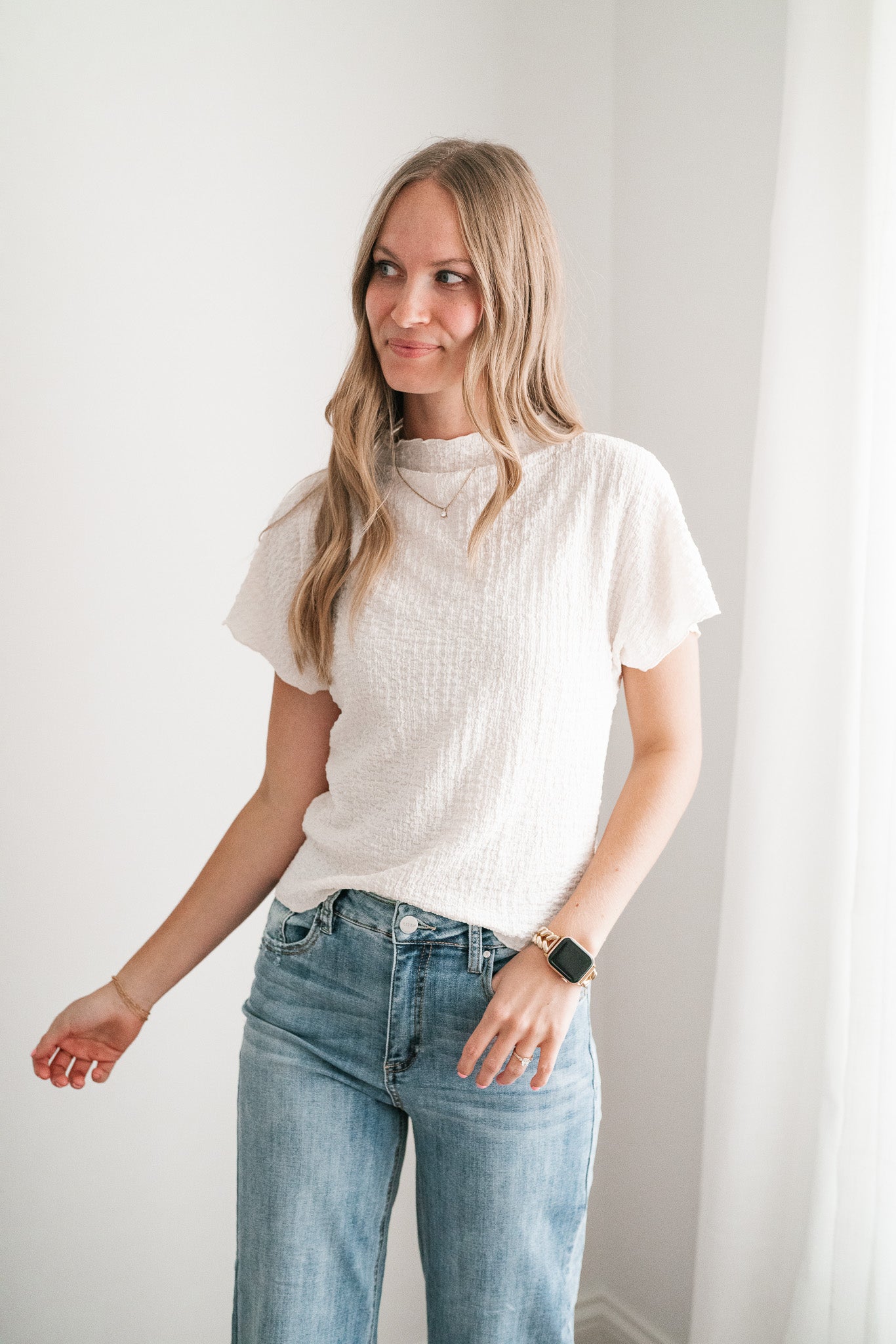 Marie Textured Mock Neck Top - Ivory