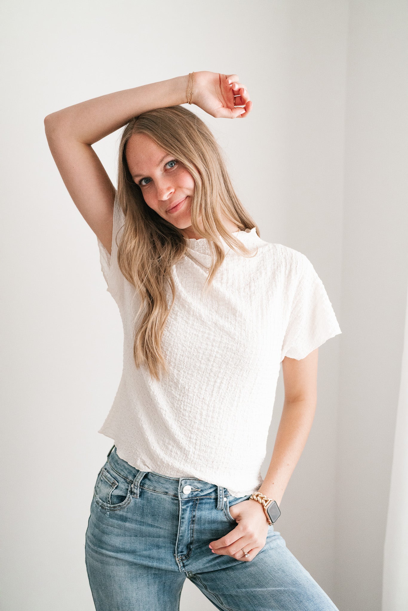 Marie Textured Mock Neck Top - Ivory