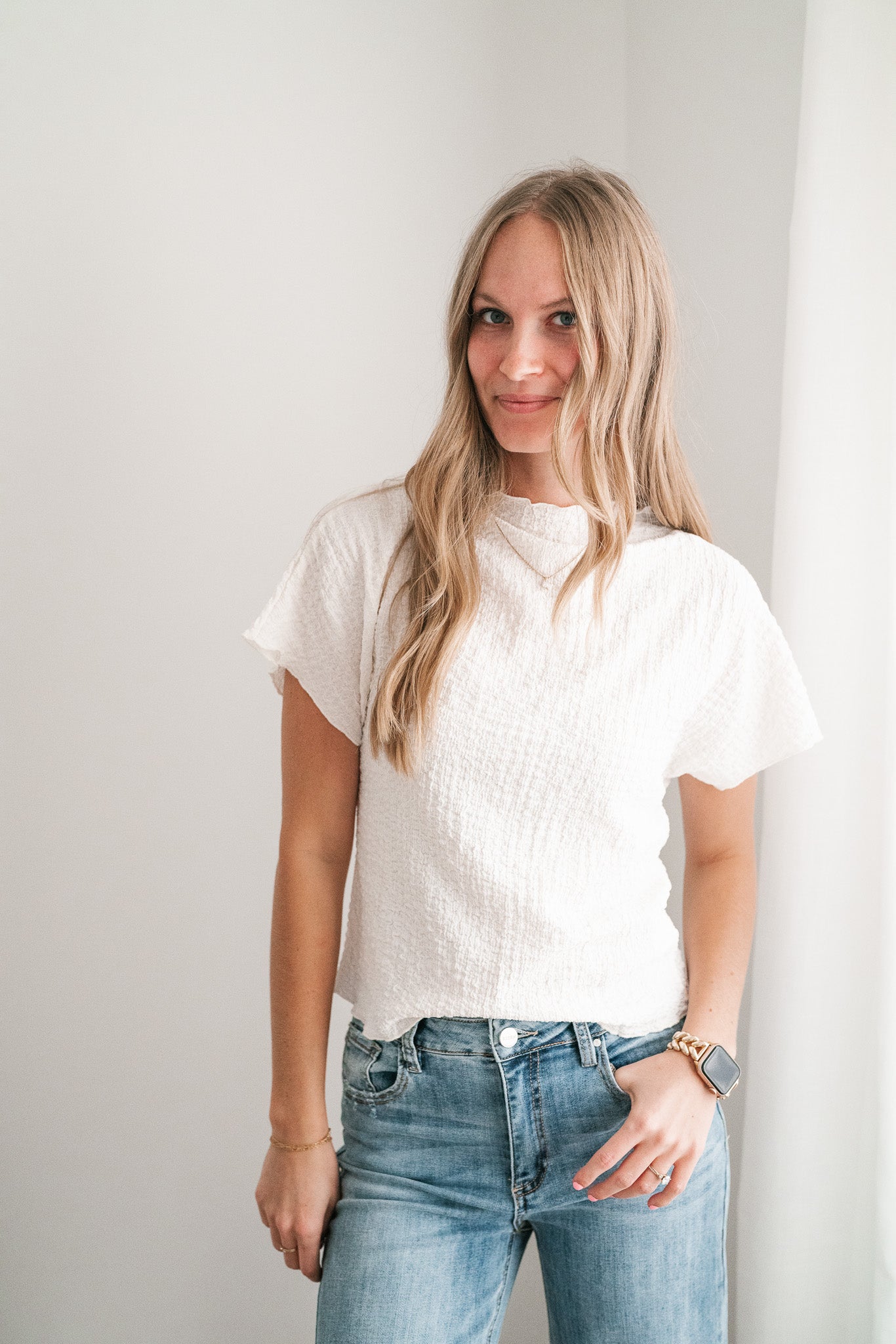 Marie Textured Mock Neck Top - Ivory