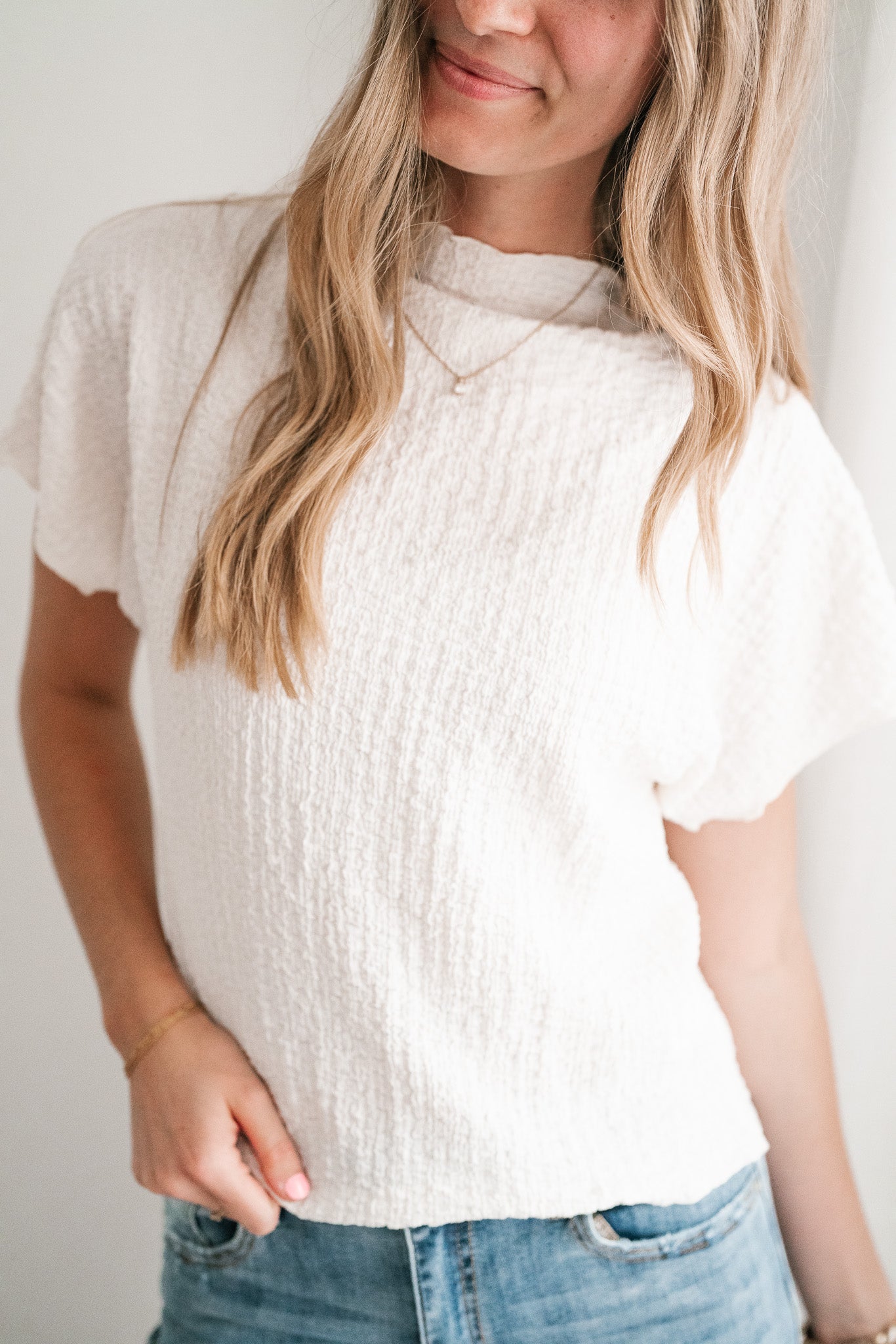 Marie Textured Mock Neck Top - Ivory