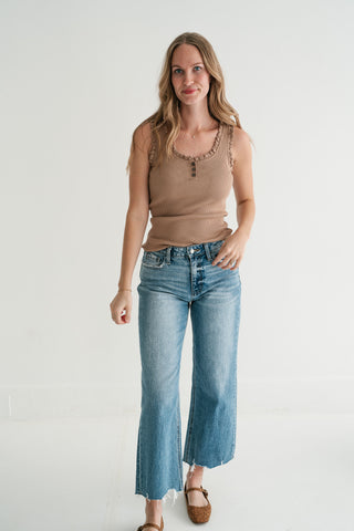 Night Sky Ribbed Ruffle Henley Tank Top - Mocha