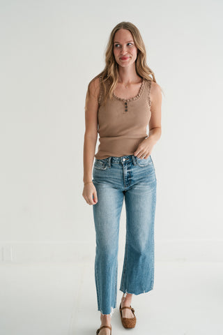 Night Sky Ribbed Ruffle Henley Tank Top - Mocha