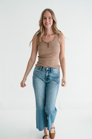 Night Sky Ribbed Ruffle Henley Tank Top - Mocha