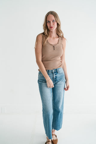 Night Sky Ribbed Ruffle Henley Tank Top - Mocha