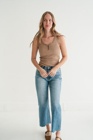 Night Sky Ribbed Ruffle Henley Tank Top - Mocha