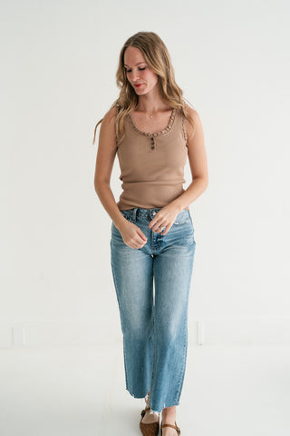 Night Sky Ribbed Ruffle Henley Tank Top - Mocha
