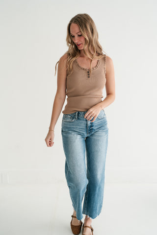 Night Sky Ribbed Ruffle Henley Tank Top - Mocha