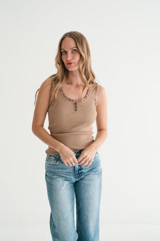 Night Sky Ribbed Ruffle Henley Tank Top - Mocha