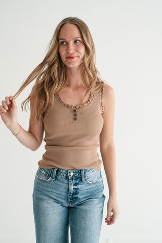 Night Sky Ribbed Ruffle Henley Tank Top - Mocha