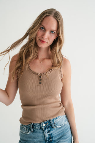 Night Sky Ribbed Ruffle Henley Tank Top - Mocha