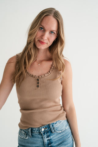 Night Sky Ribbed Ruffle Henley Tank Top - Mocha