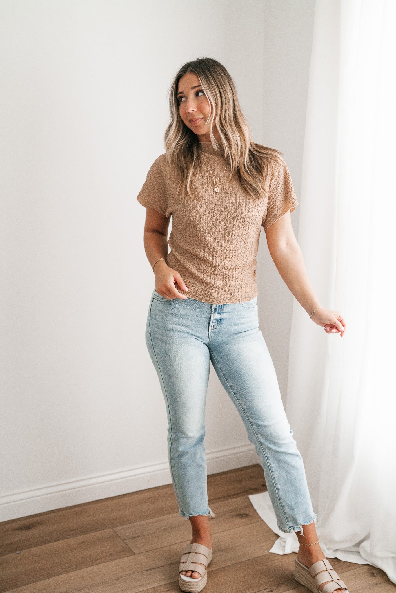 Marie Textured Mock Neck Top - Latte