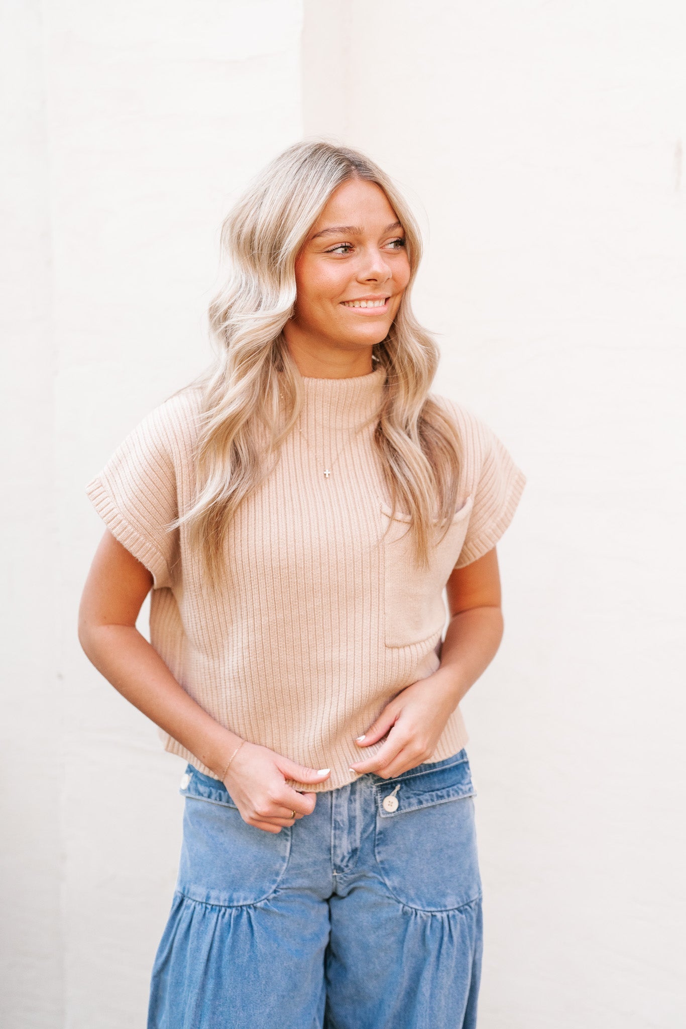 The Perfect Knit Short Sleeve Top- Beige