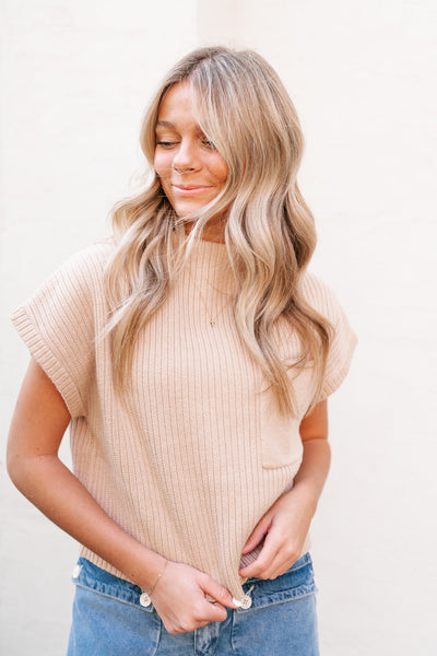 The Perfect Knit Short Sleeve Top- Beige