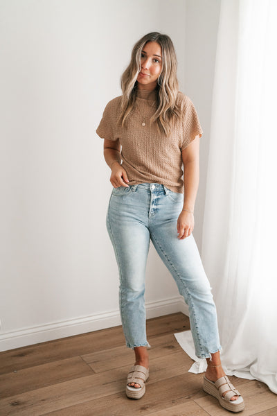 Marie Textured Mock Neck Top - Latte