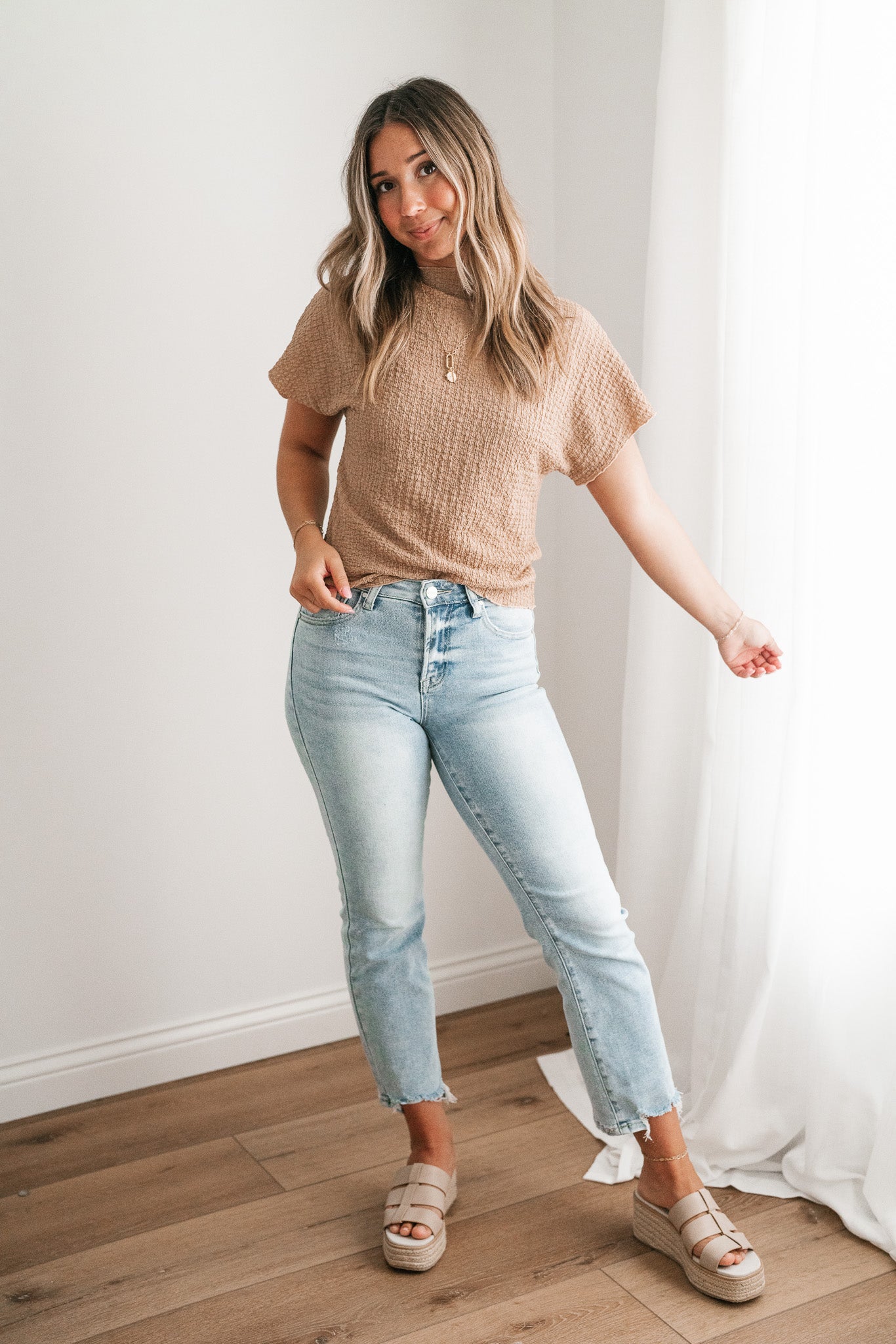 Marie Textured Mock Neck Top - Latte