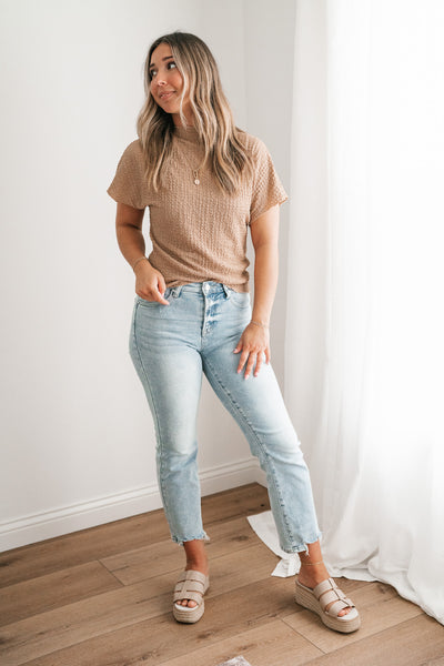 Marie Textured Mock Neck Top - Latte