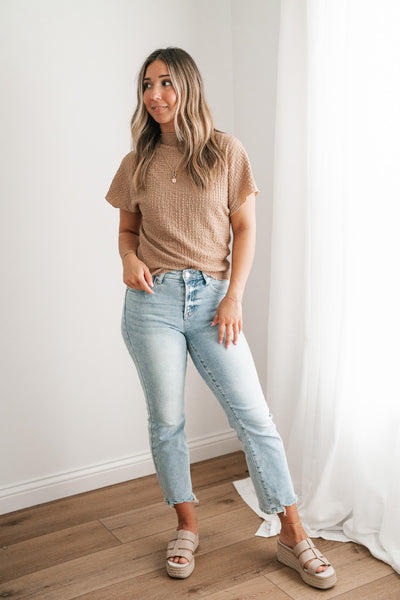 Marie Textured Mock Neck Top - Latte